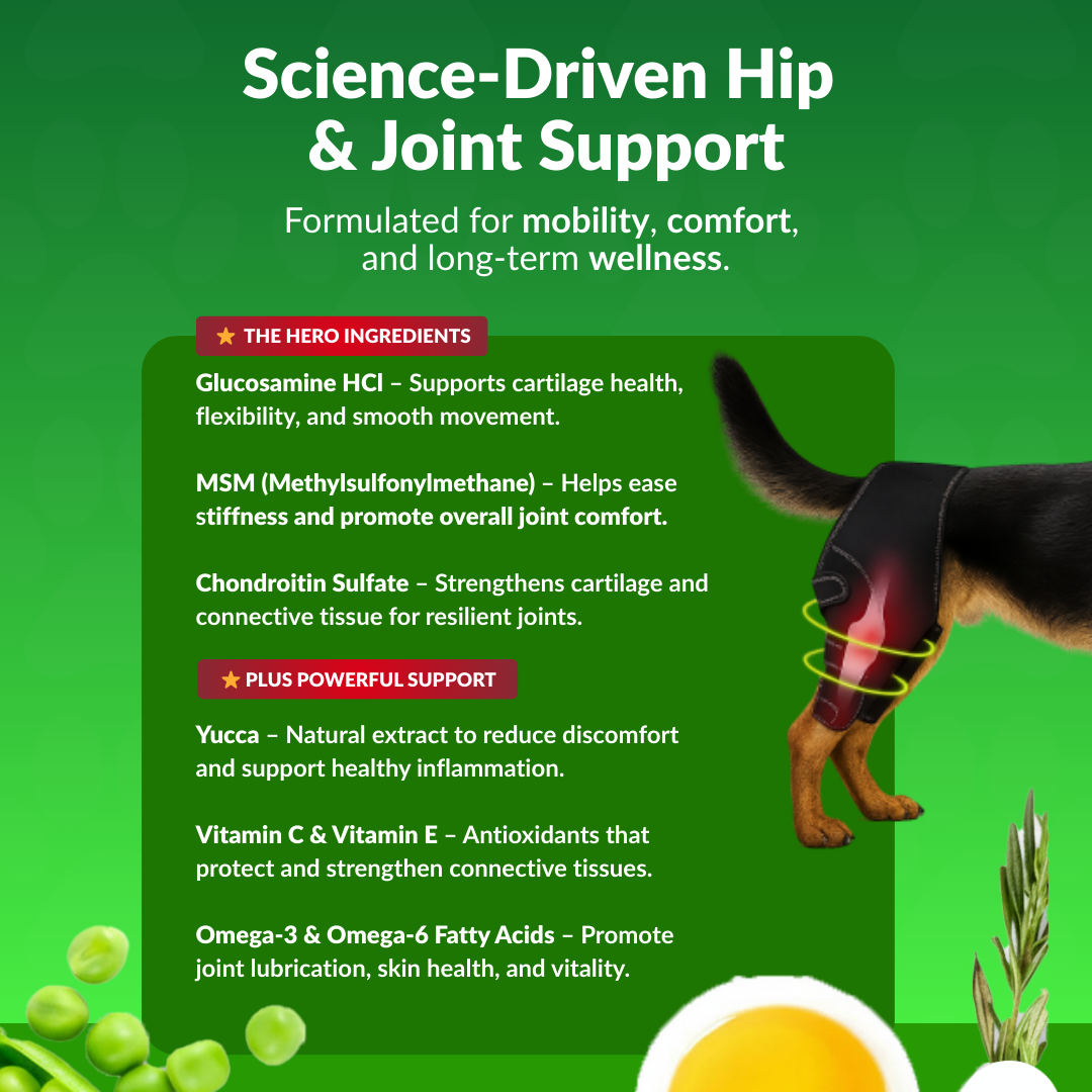 Product advertisement for science-driven hip and joint support with a dog illustration on a green background.