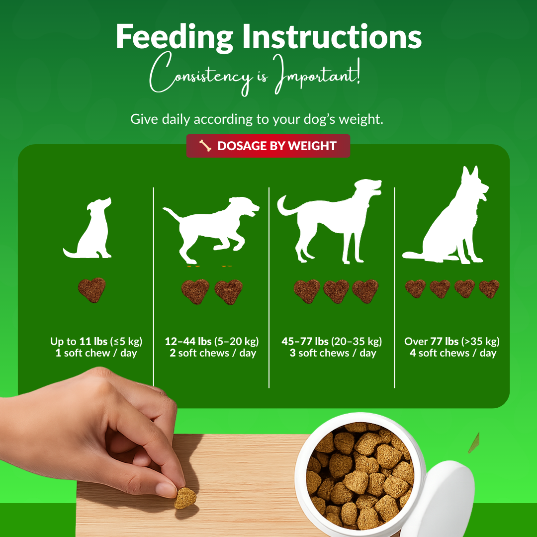 Feeding instructions for dogs with a green background and a hand holding a treat.