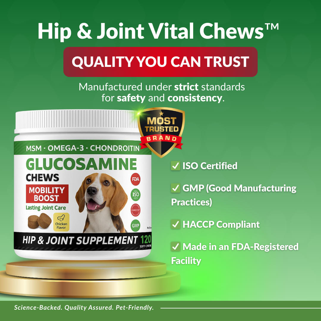 Hip and joint supplement for dogs with certification badges on a green background