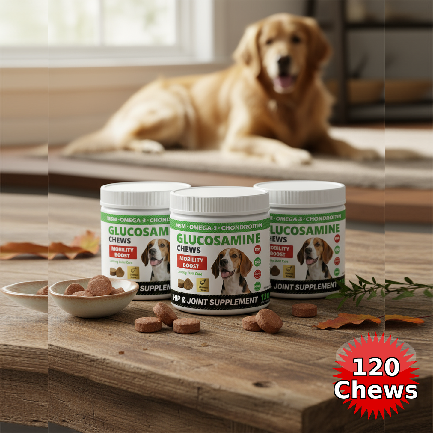 Three containers of Glucosamine chews for dogs on a wooden table with a dog in the background.