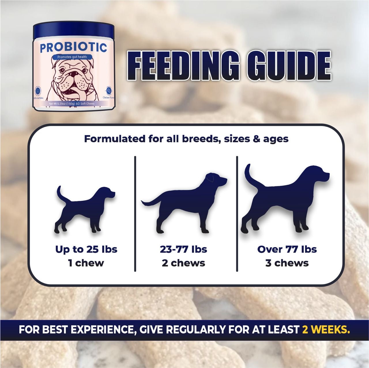 Feeding guide for dog probiotics with illustrations of dogs and text on a blurred background.