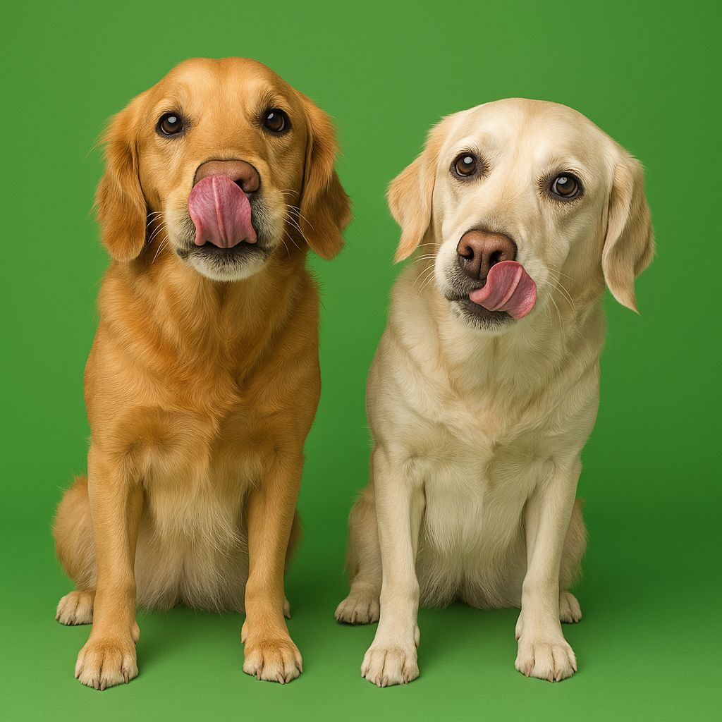 Two dogs, one golden and one white, sitting side by side on a green background.