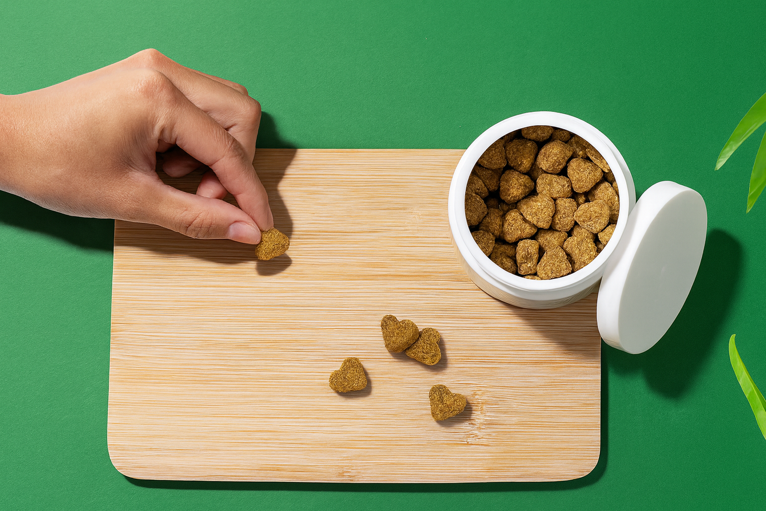 Hand placing heart-shaped dog treats on a wooden board with a container of treats.
