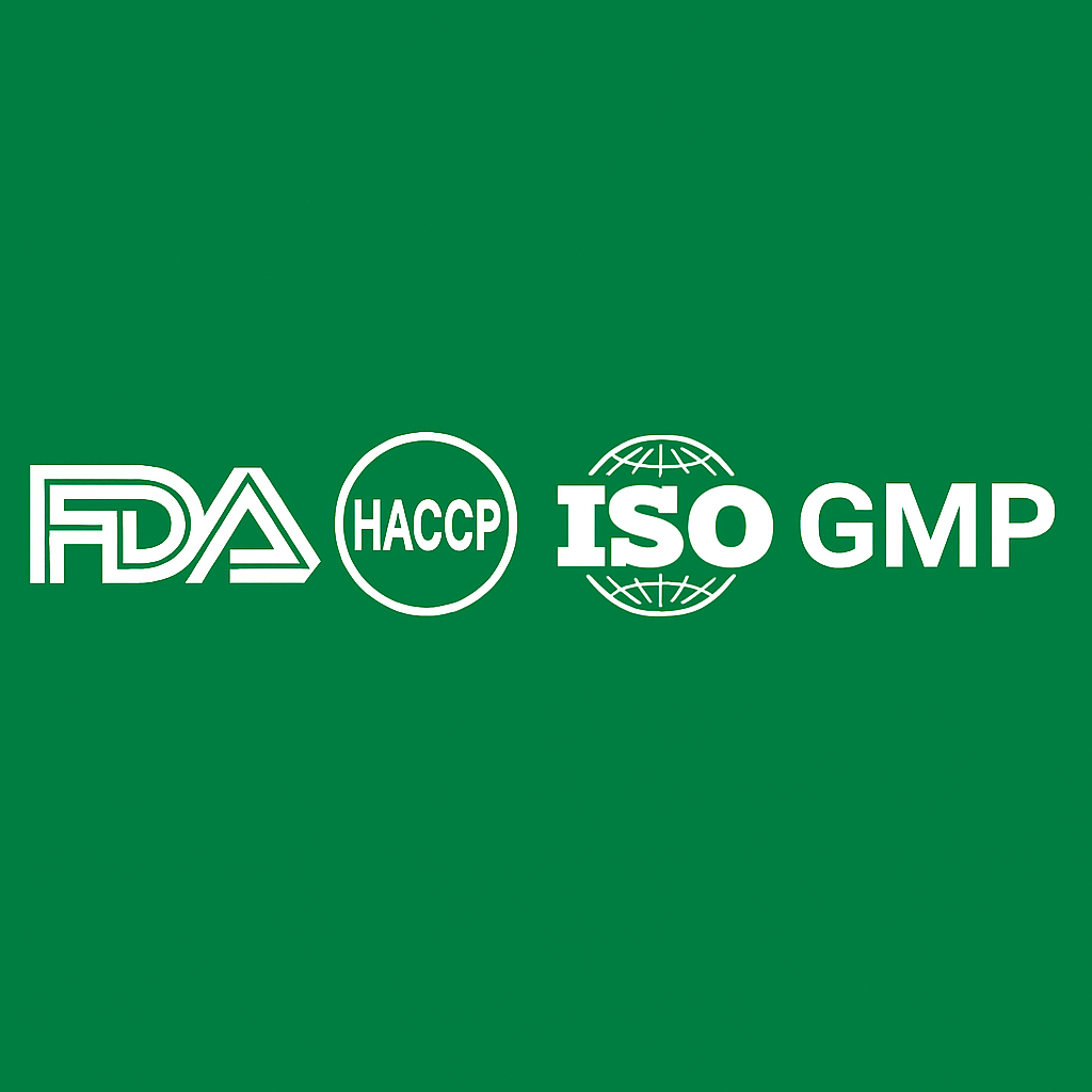Logos of FDA, HACCP, ISO, and GMP on a green background