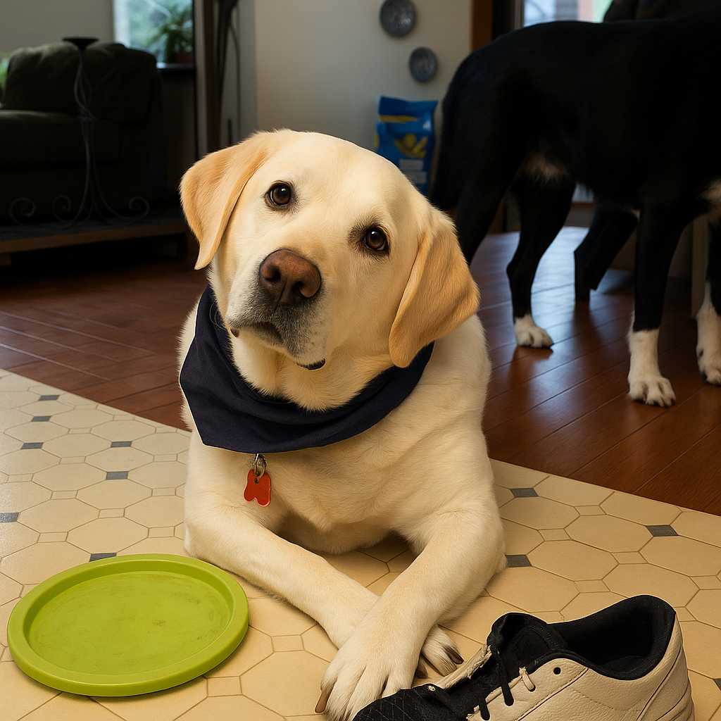 Dog sitting on a tiled floor with a green lid and black shoe nearby, another dog standing in the background.