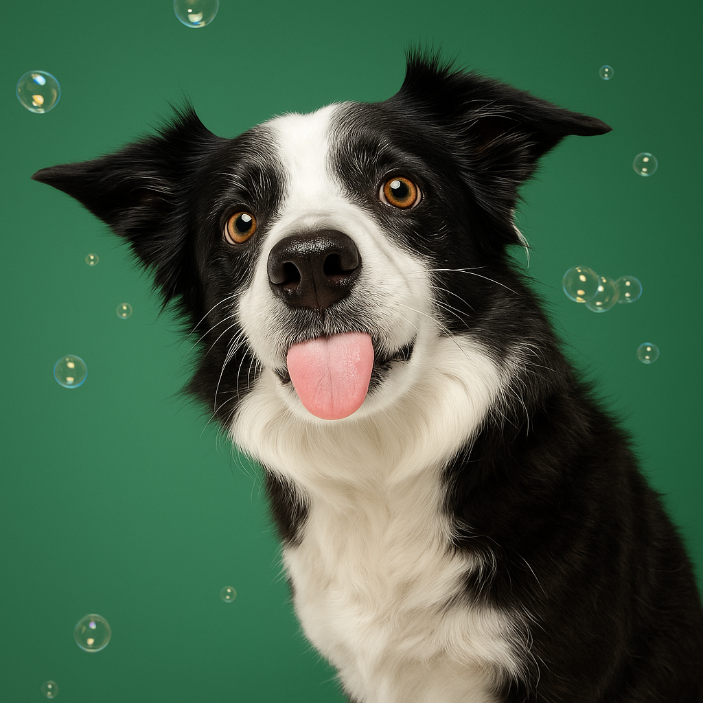 Black and white dog with a pink tongue on a green background with bubbles
