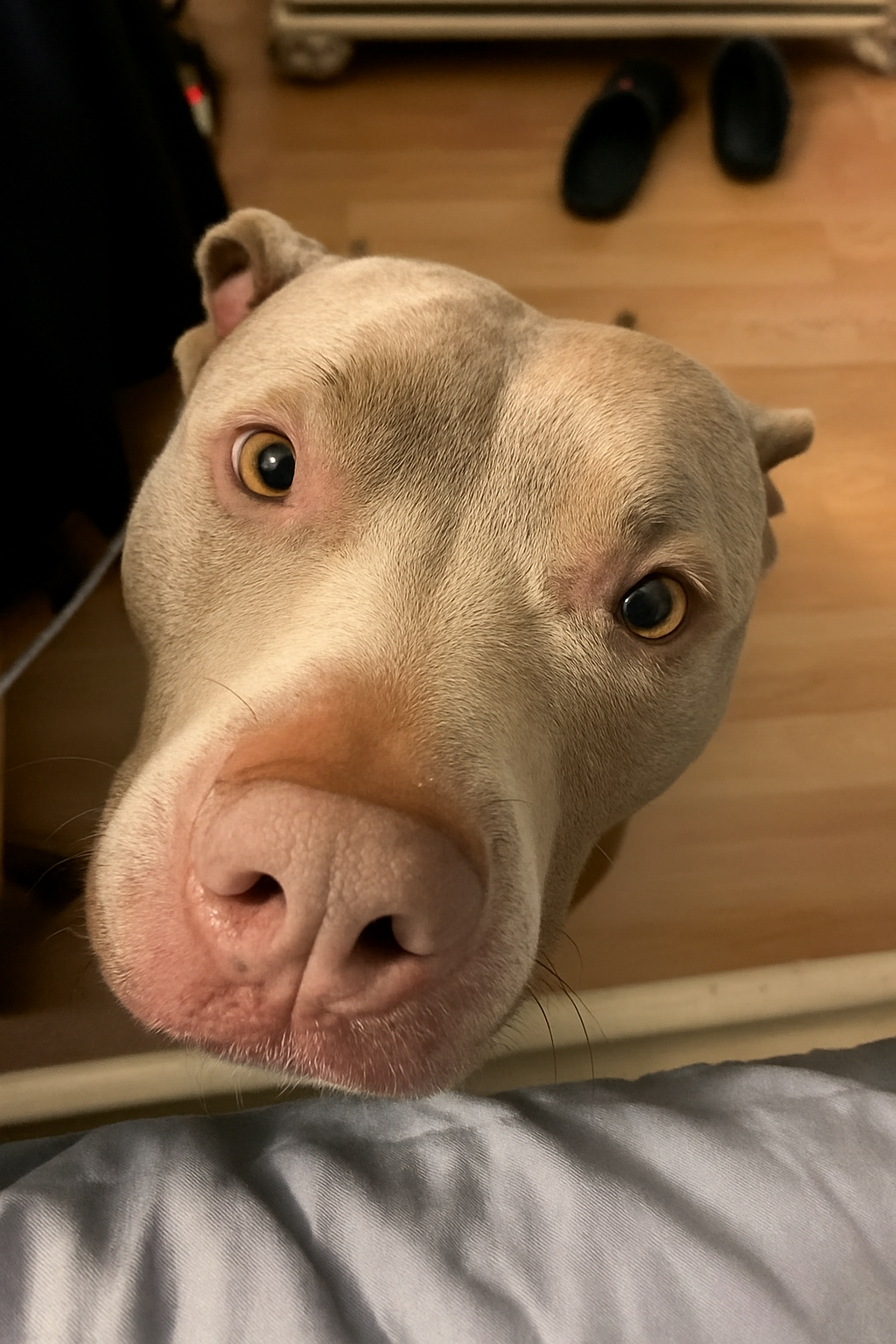 Close-up of a dog's face with a wooden floor in the background