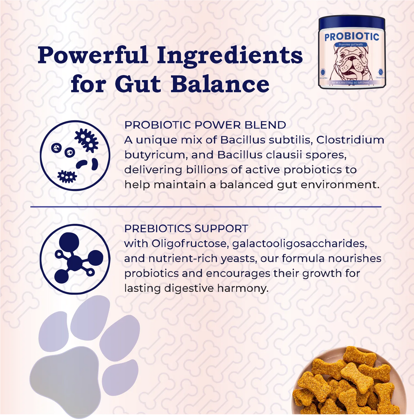 Dog food packaging with probiotic powder container and text about powerful ingredients for gut balance.