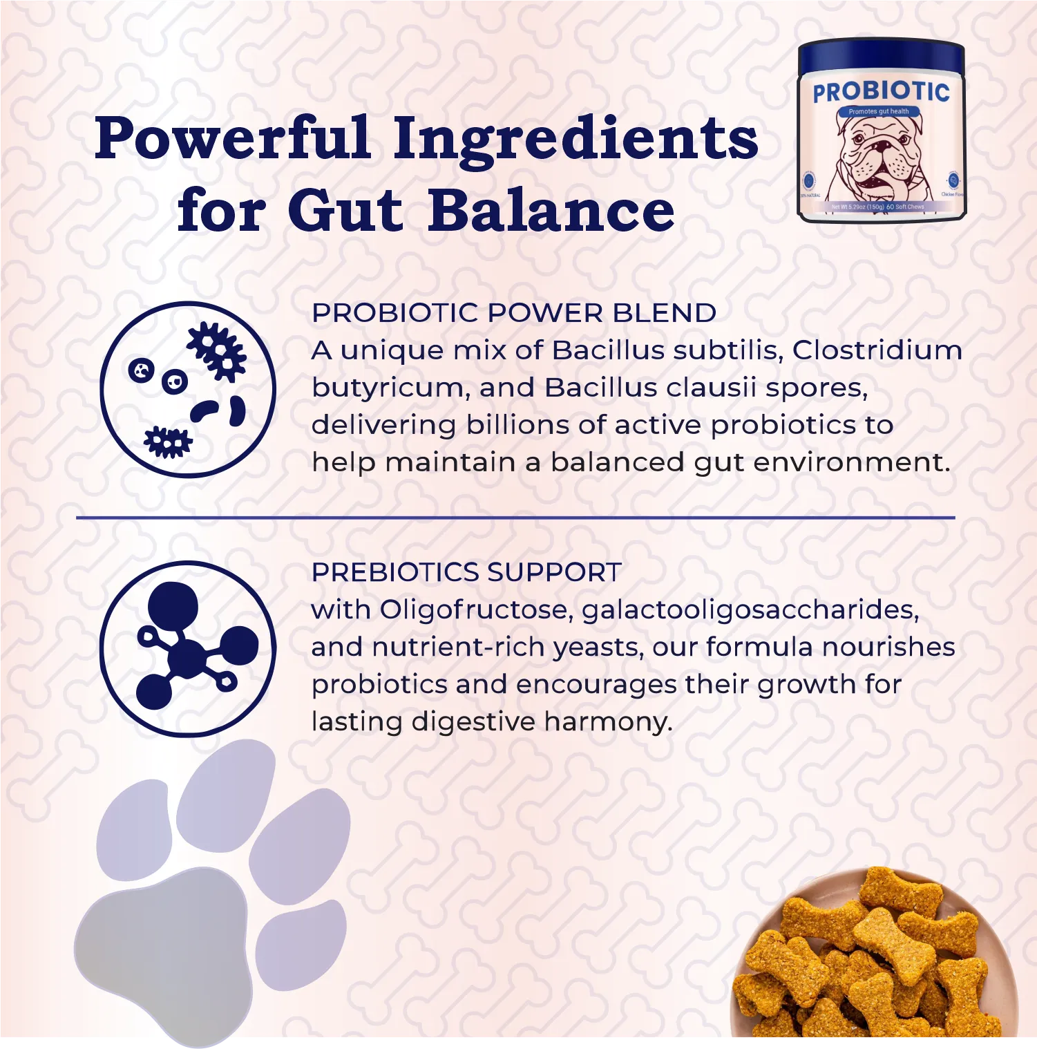 Dog food packaging with probiotic powder container and text about powerful ingredients for gut balance.