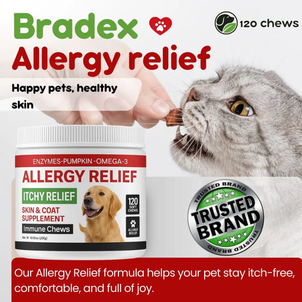 Bradex Allergy Relief supplement for pets with a cat and dog illustration, and a 'Trusted Brand' badge.