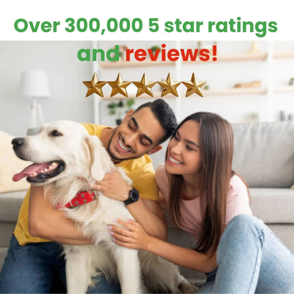 Man and woman with a dog in a living room, celebrating over 300,000 five-star ratings.